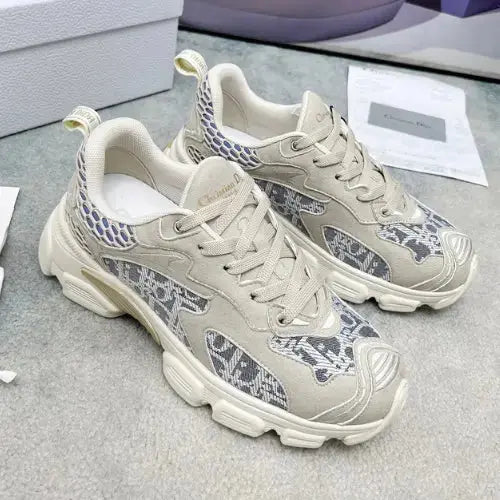 Christian Dior Oblique Pattern Sneakers in beige and gray with suede overlays and chunky sole