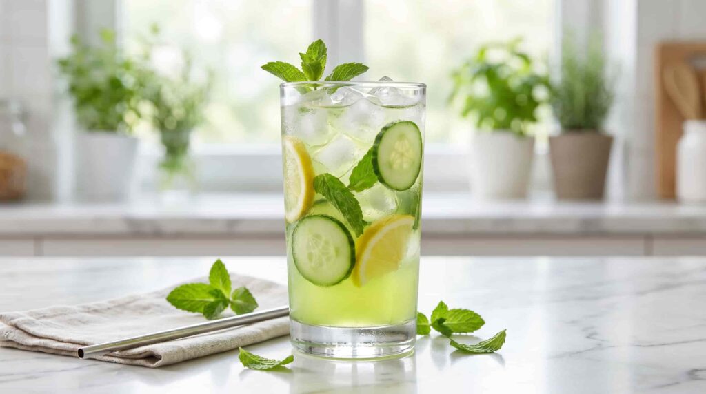 Fresh cucumber mint green detox drink in a glass with ice, lemon slices, and mint leaves on a white marble table in natural light