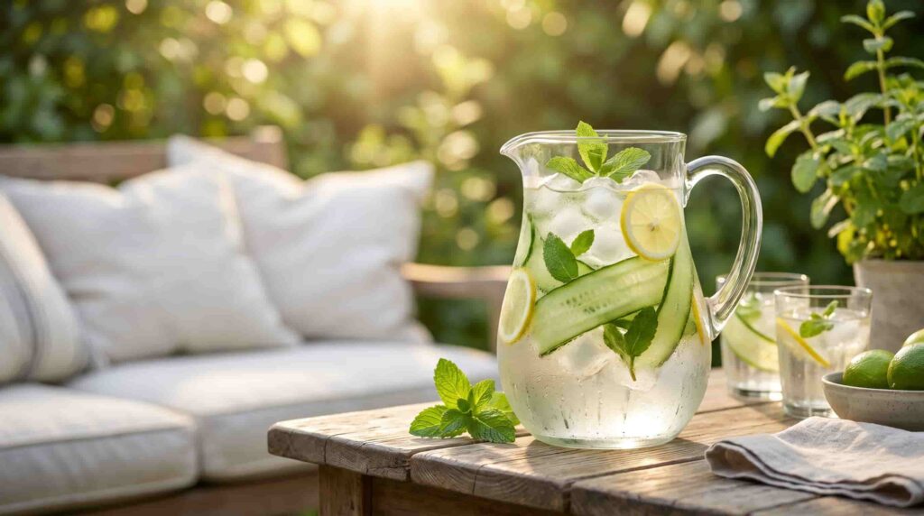 Refreshing cucumber mint detox drink in a glass pitcher with ice, cucumber slices, and mint leaves in a sunny outdoor garden setting