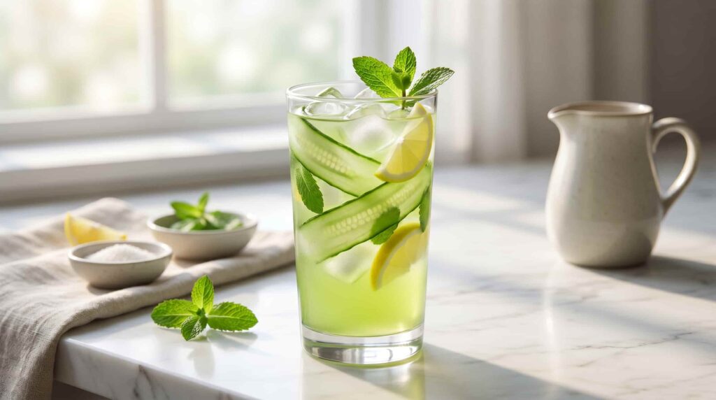 Top view of cucumber mint detox water surrounded by fresh cucumbers, mint leaves, lemon halves, and ice cubes on a bright clean background